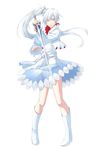  blue_eyes dress full_body high_ponytail highres holding holding_sword holding_weapon left-handed long_hair myrtenaster mzroas rwby scar scar_across_eye short_dress side_ponytail silver_hair simple_background solo standing sword very_long_hair weapon weiss_schnee white_background white_dress white_footwear 