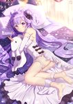  absurdres ahoge ass azur_lane bangs barefoot bed bedroom black_bow blush bow breasts chinchongcha dress full_body highres long_hair looking_at_viewer lying medium_breasts on_side pillow purple_eyes purple_hair shiny solo sparkle unicorn_(azur_lane) very_long_hair wavy_hair white_dress 