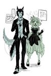  1girl adjusting_collar animal_ears black_sclera blue_eyes dog_ears dog_tail dress formal full_body gloves green_eyes juuni_taisen monochrome niwa_ryouka short_hair spot_color suit tail tail_wagging translation_request tsukui_michio 