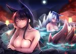  akagi_(azur_lane) animal_ears azur_lane bangs black_hair blue_eyes blunt_bangs breasts closed_mouth collarbone commentary_request fox_ears fox_tail full_moon kaga_(azur_lane) large_breasts long_hair looking_at_another moon multiple_girls multiple_tails night nude onsen parted_lips partially_submerged red_eyes saboten_teishoku short_hair sidelocks silver_hair tail upper_body wet 