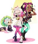  4girls absurdres aori_(splatoon) cephalopod_eyes colo_(nagrolaz) commentary crop_top cropped_vest crown dark_skin domino_mask fangs food food_on_head gloves green_legwear highres hime_(splatoon) hotaru_(splatoon) iida_(splatoon) japanese_clothes kimono makeup mascara mask mole mole_under_eye mole_under_mouth multicolored multicolored_hair multicolored_skin multiple_girls navel_piercing object_on_head octarian pantyhose pantyhose_under_shorts piercing pink_pupils pointy_ears sleeveless smile splatoon_(series) splatoon_2 suction_cups tentacle_hair white_hair yellow_eyes zipper zipper_pull_tab 