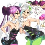  2girls absurdres aori_(splatoon) breasts cleavage colo_(nagrolaz) commentary cousins crown dark_skin detached_collar domino_mask dress fangs food food_on_head gloves green_legwear highres hime_(splatoon) hip_attack hotaru_(splatoon) iida_(splatoon) large_breasts mask mole mole_under_eye multicolored_hair multiple_girls object_on_head octarian pantyhose pointy_ears short_jumpsuit smile splatoon_(series) splatoon_2 squid strapless strapless_dress sushi tentacle_hair unitard white_hair 