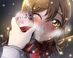  :3 beans blush bottle_to_cheek breath brown_eyes brown_hair can canned_food coat cold eyelashes food hair_ornament hairclip kunikida_hanamaru looking_at_viewer love_live! love_live!_sunshine!! night nose_blush one_eye_closed out_of_frame pov pov_hands protected_link scarf snow solo_focus soup vorupi warming winter winter_clothes winter_coat 