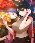  alternate_costume atago_(azur_lane) autumn_leaves azur_lane bangs black_hair book breasts brown_eyes casual covered_nipples day hair_tucking highres holding holding_book large_breasts leaf maple_leaf mappaninatta md5_mismatch mole mole_under_eye open_book outdoors reading revision ribbed_sweater sleeveless solo sweater swept_bangs turtleneck turtleneck_sweater 