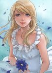  blonde_hair blue_eyes breasts dress felia_hanakata final_fantasy final_fantasy_xv flower lipstick long_hair lunafreya_nox_fleuret makeup open_mouth smile solo 