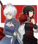  black_hair blue_eyes cape earrings grey_eyes hair_between_eyes high_ponytail highres jewelry kurohane long_hair looking_down multicolored_hair multiple_girls red_cape red_hair ruby_rose rwby side_ponytail silver_hair standing two-tone_hair very_long_hair weiss_schnee 