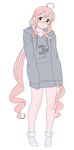  ahoge alternate_costume clothes_writing full_body glasses grey_sweater kantai_collection makigumo_(kantai_collection) ojipon pink_hair simple_background sleeves_past_wrists socks solo standing sweater wavy_hair white_background yellow_eyes 
