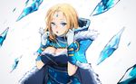  :o blonde_hair blue_cloak blue_eyes breasts cleavage cloak defense_of_the_ancients dota_2 forehead_jewel fur_trim gloves highres hood hood_down ice_shard large_breasts looking_at_viewer rylai_crestfall shiliuye_feiyu solo standing white_gloves 