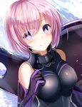  armor black_armor boobplate breastplate breasts elbow_gloves eyebrows_visible_through_hair eyes_visible_through_hair fate/grand_order fate_(series) gloves looking_at_viewer mash_kyrielight medium_breasts pink_hair purple_eyes purple_gloves sakura_ani shield short_hair smile solo upper_body 