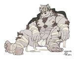  5_toes abs bandage bandanna big_hands bulge canine clothing feet foot_focus foot_wraps fundoshi horkeukamui humanoid_feet japanese_clothing looking_at_viewer male mammal muscular nipples pecs plantigrade reclining soles solidasp solo sweat toes tokyo_afterschool_summoners underwear wolf wrapping wraps 