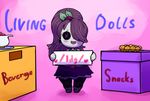  &lt;3 animate_inanimate blush button_eyes cardboard_box choker clothing cute dress english_text eyelashes female food glum_plum hair hair_over_eye humanoid living_doll muffin not_furry open_mouth open_smile outta_sync purple_eyes smile solo tea_pot text 