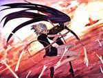  anthropomorphism black_hair bort diamond_(houseki_no_kuni) dyolf elbow_gloves gloves houseki_no_kuni katana long_hair short_hair shorts signed sword thighhighs water weapon zettai_ryouiki 