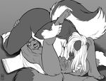  2017 69_position anthro anthro_on_anthro big_breasts blush breasts canine chest_tuft claws clothing dipstick_tail discarded_clothing eyes_closed fellatio female female_on_top fox gloves_(marking) greyscale hand_on_thigh leg_grab looking_up male male/female mammal markings max_blackrabbit monochrome multi_tail multicolored_tail nude on_top oral pussy_juice pussy_juice_string raised_leg saliva sex shirt simple_background skunk slightly_chubby socks_(marking) spread_legs spreading toe_claws tuft 