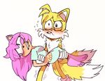  2017 amy_rose anthro barefoot black_nose canine clothing dipstick_tail duo embarrassed female fox fur gloves hair hedgehog male mammal margatini miles_prower multicolored_tail pajamas pink_hair simple_background sonic_(series) toes video_games white_fur yellow_fur 