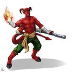  anthro armwraps clothing demon digitigrade fireball hooves horn humanoid male multi_arm multi_limb pants pointy_ears sash simple_background solo staff thick_tail tiefling zehntaur 