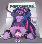  2017 areola bdsm bondage bound breasts chain clothed clothing cutie_mark equine fantasyblade female friendship_is_magic hair horn long_hair mammal my_little_pony nipples one_eye_closed pussy restrained solo starbucks text twilight_sparkle_(mlp) unicorn 