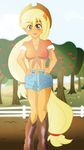  2013 animal_humanoid apple applejack_(mlp) boots breasts clothed clothing equine equine_humanoid female fence food footwear friendship_is_magic fruit hair hat humanoid long_hair looking_at_viewer mammal midriff my_little_pony ruhisu shorts sky solo standing tree 