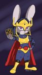  2017 anthro armor big_barda cape clothed clothing cosplay crossover dc_comics disney female hand_on_hip helmet holding_object judy_hopps lagomorph looking_at_viewer mammal purple_eyes rabbit signature solo standing tggeko zootopia 