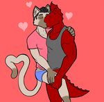  &lt;3 anthro bottomless brown_hair cat clothed clothing duo eyes_closed feline fur hair jf_(mapdark) kissing lizard male male/male mammal mapdark pink_background red_body reptile rick_(mapdark) romantic_couple scalie shirt siamese simple_background t-shirt tan_fur tank_top underwear 