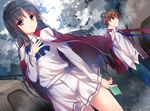  ayanokoji_kiyotaka black_hair brown_eyes brown_hair horikita_suzune long_hair male purple_eyes rain ribbons seifuku short_hair skirt tie water youkoso_jitsuryoku_shijou_shugi_no_kyoushitsu_e yu-yu_(devi-cra) 