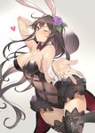  animal_ears arm_up bare_shoulders black_hair black_legwear breasts brown_hair bunny_ears cleavage closed_mouth commentary covered_navel cowboy_shot fake_animal_ears floating_hair flower granblue_fantasy hair_flower hair_ornament hairband hand_up heart highres holding holding_tray kakage large_breasts long_hair looking_at_viewer one_eye_closed purple_eyes rose rosetta_(granblue_fantasy) solo thighhighs thighs tray tsurime wrist_cuffs 