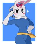  anthro blush_sticker bow breasts captaineaglesmut eyelashes female highburicco-chan kirbsuperstardude lagomorph mammal mascot mouthless rabbit salute scarf solo 