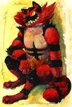  2016 anthro cheek_tuft claws fangs feline goat-soap incineroar male mammal nintendo pok&eacute;mon pok&eacute;mon_(species) sitting smile toe_claws traditional_media_(artwork) tuft video_games 