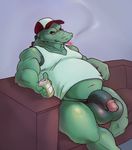  alcohol athletic balls beer beer_can beverage biceps big_balls bottomless can cigarette clothed clothing crocodile crocodilian flaccid green_balls green_penis hat huge_balls male night_in_the_woods overweight overweight_male partially_clothed pecs penis reptile scalie shirt sitting smoke smoking sofa solo spike_(disambiguation) tank_top teeth unknown_artist 
