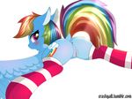  2017 absurd_res anus blue_feathers blue_fur blush butt clitoris clothing crashgall cutie_mark digital_media_(artwork) equine eyelashes feathered_wings feathers female feral friendship_is_magic fur hair hi_res inner_ear_fluff legwear looking_at_viewer looking_back lying mammal multicolored_hair multicolored_tail my_little_pony on_front pegasus pink_eyes presenting presenting_hindquarters pussy quadruped rainbow_dash_(mlp) rainbow_hair rainbow_tail rear_view simple_background solo stockings striped_clothing striped_legwear striped_stockings stripes url white_background wings 