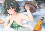  absurdres ass blush breasts brown_eyes chamirai collarbone day embarrassed eyebrows_visible_through_hair floral_print green_hair green_towel hair_between_eyes hat highres holding looking_at_viewer medium_breasts naked_towel nankikatsuura_kiki onsen onsen_musume outdoors shiny shiny_skin short_hair sideboob solo tears towel 