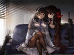  2girls assault_rifle bangs black_hair black_legwear blinds blush breasts brown_eyes brown_hair bullpup cape cleavage closed_mouth double-breasted eyebrows_visible_through_hair flower girls_frontline gloves gun hair_between_eyes hair_flower hair_ornament hair_ribbon hairband hand_up indoors large_breasts leaning_forward legs_crossed long_hair looking_at_another looking_at_viewer multiple_girls necktie pantyhose pleated_skirt qbz-95 qbz-95_(girls_frontline) qbz-97_(girls_frontline) ribbon rifle shirt sitting skirt smile sunlight toka_(marchlizard) twintails underbust very_long_hair weapon white_gloves white_hairband white_shirt white_skirt window yellow_eyes 