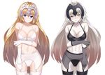  ahoge bangs bare_shoulders black_bra black_gloves black_legwear black_panties blonde_hair blue_eyes bra breast_hold breasts cleavage clenched_teeth closed_mouth collarbone contrast cowboy_shot elbow_gloves embarrassed fate/grand_order fate_(series) garter_belt gloves gradient_hair headpiece jeanne_d'arc_(alter)_(fate) jeanne_d'arc_(fate) jeanne_d'arc_(fate)_(all) kanikou large_breasts legs_apart long_hair looking_at_viewer multicolored_hair multiple_girls navel panties parted_lips red_hair semi-rimless_eyewear silver_hair simple_background smile standing stomach take_your_pick teeth under-rim_eyewear underwear very_long_hair white_background white_bra white_gloves white_legwear white_panties yellow_eyes 