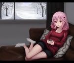  casual drawfag drink full_body guilty_crown hair_ornament hairclip highres hot_chocolate indoors looking_at_viewer pillow pink_hair red_eyes ribbed_sweater sitting snow socks solo sweater white_legwear window yuzuriha_inori 