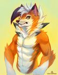  2017 abs anthro biceps black_nose canine cheetahpaws digital_media_(artwork) dusk_lycanroc fur green_eyes hair hi_res lycanroc male mammal multicolored_fur muscular muscular_male nintendo orange_background orange_fur pok&eacute;mon pok&eacute;mon_(species) simple_background solo standing teeth two_tone_fur video_games white_fur 