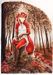  2017 anthro blonde_hair breasts canine cape clothed clothing dress female forest fox fur gloves_(marking) hair kirsch little_red_riding_hood little_red_riding_hood_(copyright) mammal markings mushroom orange_fur socks_(marking) solo stump tree 