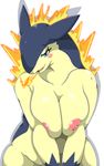  2017 anthro blush breasts female fire fur mellonsoda nintendo nipples nude open_mouth pok&eacute;mon pok&eacute;mon_(species) simple_background smile solo typhlosion video_games white_background 