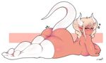  angry breasts clothing female horn humanoid legwear looking_at_viewer lying mehdrawings nipples not_furry on_front slightly_chubby solo thick_thighs thigh_highs 