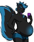  anthro cellphone clothing male male_pregnancy mammal phone pregnant rodent shorts simple_background solo squirrel standing theowlking tongue tongue_out 