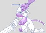  2017 anthro armor bose breast_expansion breasts corruption feline female health_bar living_inflatable mammal melee_weapon nipple_bulge open_mouth simple_background solo_focus sword transformation weapon 
