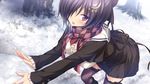  aoi_tori breasts game_cg koku kurosaki_sayo purple_eyes purple_software scarf short_hair skirt snow thighhighs tree winter 