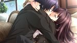  akasabi_risa aoi_tori blue_eyes blush brown_hair game_cg kiss koku long_hair male purple_software shiratori_ritsu short_hair 