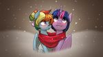  2017 blue_feathers blue_fur blush captainpudgemuffin collaboration duo equine feathered_wings feathers female friendship_is_magic fur glacierclear hair hi_res horn mammal multicolored_hair my_little_pony outside pegasus plant purple_fur purple_hair rainbow_dash_(mlp) rainbow_hair romantic_couple scarf shared_scarf snow snowing twilight_sparkle_(mlp) winged_unicorn wings 