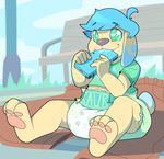  3ds anthro baby blue_hair canine cub cuddlehooves diaper dog drooling fur hair hypnosis male mammal mind_control nintendo nom outside saliva smile spiral_eyes video_games yellow_fur young 