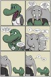  &lt;3 &lt;3_eyes 2017 alligator angie_(study_partners) anthro breasts clothed clothing comic crocodilian dialogue elephant english_text fangs female green_eyes male mammal open_mouth ragdoll_(study_partners) reptile scalie size_difference speech_bubble study_partners teeth text thunderouserections tongue trunk tusks 
