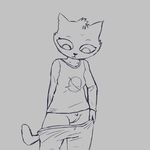 0 2017 anthro cat clothed clothing eyebrows eyelashes feline female knullox logo looking_down mae_(nitw) mammal monochrome night_in_the_woods notched_ear null_symbol pants pubes pussy shirt simple_background sketch solo tuft undressing 