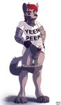  2017 5_fingers anthro autumn_sins balls black_fur black_nose bottomless cel_shading chest_tuft circumcised claws clothed clothing digitigrade fingerless_gloves fur gloves hair hand_on_hip hi_res humanoid_penis hyena leaning looking_at_viewer male mammal navel paws penis presenting red_eyes red_hair red_mane shaded shirt simple_background smile smirk standing stripes teeth text thick_thighs tuft underwear white_background 