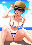  beach bikini bikini_pull blue_bikini blue_eyes blue_hair blush breasts cameltoe cleavage cloud collarbone day hat highres large_breasts navel open_mouth senran_kagura shadow short_hair sitting solo sun_hat swimsuit wantsupanchi!! yozakura_(senran_kagura) 