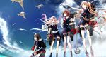  animal anthropomorphism bird black_hair blonde_hair blue_eyes braids brown_eyes brown_hair clouds group kantai_collection long_hair murasame_(kancolle) pink_hair red_eyes renon_(tenle) shigure_(kancolle) shiratsuyu_(kancolle) short_hair sky water yuudachi_(kancolle) 