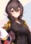 absurdres azur_lane breasts buttons closed_mouth commentary_request epaulettes hair_between_eyes highres horns long_hair long_sleeves looking_at_viewer medium_breasts mikasa_(azur_lane) military military_uniform nanakaku solo uniform upper_body yellow_eyes z_flag 