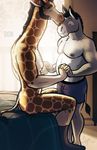  2017 anthro beard bed bedroom bgn biped black_eyebrows black_hair black_mane blue_bottomwear blue_clothing blue_underwear body_hair boxers_(clothing) brown_fur brown_spots brown_tail chest_hair clothed clothing countershade_torso countershading cute derrick_(bgn) digital_media_(artwork) donkey duo equine eyebrows eyes_closed facial_hair facial_markings fur giraffe grey_clothing grey_fur grey_legwear grey_nipples grey_socks grey_tail hair hand_holding inside kissing legwear long_neck male male/male mammal mane markings miguel mostly_nude multicolored_fur multicolored_tail nipples romantic_couple signature sitting slightly_chubby smile snout socks spots spotted_fur standing tail_tuft topless tuft two_tone_fur two_tone_tail underwear url white_countershading white_fur white_markings yellow_fur yellow_tail 